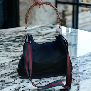 Authentic Gucci Bamboo collection nylon patent leather crossbody bag tote